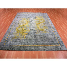 Load image into Gallery viewer, 8&#39;x10&#39;3&quot; Battleship Gray, The Golden Dragons, Chinese Qing Dynasty Inspired, Pure Wool And Silk, Cropped Thin, Hand Knotted, Oriental Rug FWR451890
