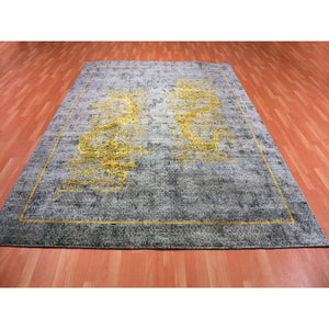 8'x10'3" Battleship Gray, The Golden Dragons, Chinese Qing Dynasty Inspired, Pure Wool And Silk, Cropped Thin, Hand Knotted, Oriental Rug FWR451890