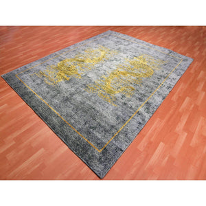 8'x10'3" Battleship Gray, The Golden Dragons, Chinese Qing Dynasty Inspired, Pure Wool And Silk, Cropped Thin, Hand Knotted, Oriental Rug FWR451890