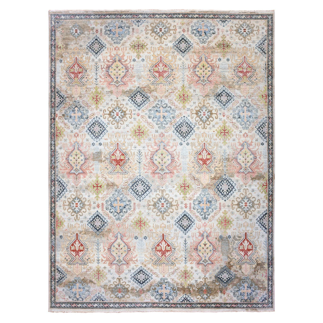 9'x12' Alabaster White, Shaved Down Hand Knotted Zero Pile, Natural Dyes, Extra Soft Wool, Caucasian Gul Motifs All Over Borderless Design, Oriental Rug FWR451932