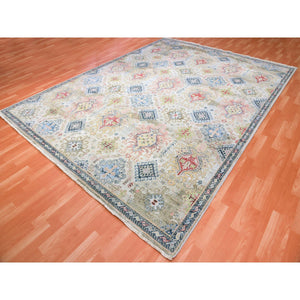 9'x12' Alabaster White, Shaved Down Hand Knotted Zero Pile, Natural Dyes, Extra Soft Wool, Caucasian Gul Motifs All Over Borderless Design, Oriental Rug FWR451932