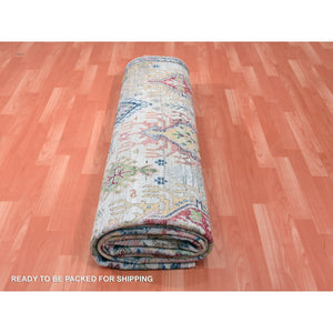9'x12' Alabaster White, Shaved Down Hand Knotted Zero Pile, Natural Dyes, Extra Soft Wool, Caucasian Gul Motifs All Over Borderless Design, Oriental Rug FWR451932
