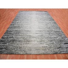 Load image into Gallery viewer, 9&#39;10&quot;x14&#39; Caviar Black With Mix Of Gray, Hand Knotted, Modern Striae Design, Soft Colors Wool And Silk Oriental Rug FWR452010