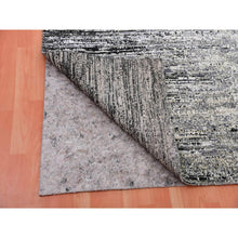 Load image into Gallery viewer, 9&#39;10&quot;x14&#39; Caviar Black With Mix Of Gray, Hand Knotted, Modern Striae Design, Soft Colors Wool And Silk Oriental Rug FWR452010