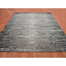 Load image into Gallery viewer, 10&#39;x10&#39; Bohemian Black With Touches Of Dorian Gray, Modern Striae Design With Vibrant Colors, Hand Knotted, Wool And Silk Square Oriental Rug FWR452040