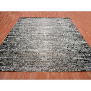 10'x10' Bohemian Black With Touches Of Dorian Gray, Modern Striae Design With Vibrant Colors, Hand Knotted, Wool And Silk Square Oriental Rug FWR452040