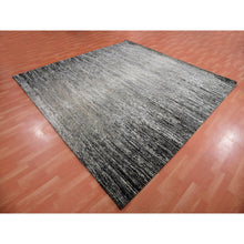 Load image into Gallery viewer, 10&#39;x10&#39; Bohemian Black With Touches Of Dorian Gray, Modern Striae Design With Vibrant Colors, Hand Knotted, Wool And Silk Square Oriental Rug FWR452040