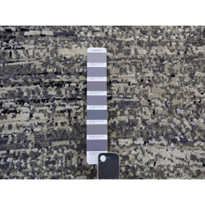 10'x10' Bohemian Black With Touches Of Dorian Gray, Modern Striae Design With Vibrant Colors, Hand Knotted, Wool And Silk Square Oriental Rug FWR452040