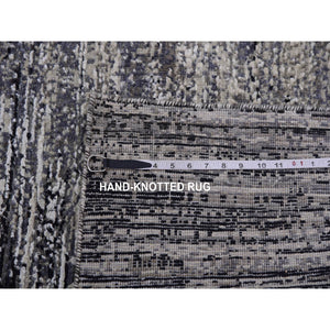 10'x10' Bohemian Black With Touches Of Dorian Gray, Modern Striae Design With Vibrant Colors, Hand Knotted, Wool And Silk Square Oriental Rug FWR452040