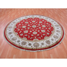 Load image into Gallery viewer, 8&#39;x8&#39; Red Dahlia and Chantilly Lace White, Wool and Silk, Hand Knotted, Rajasthan Design, Thick and Plush, All Over Leaf Pattern, Oriental Round Rug FWR452124