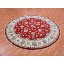 Load image into Gallery viewer, 8&#39;x8&#39; Red Dahlia and Chantilly Lace White, Wool and Silk, Hand Knotted, Rajasthan Design, Thick and Plush, All Over Leaf Pattern, Oriental Round Rug FWR452124