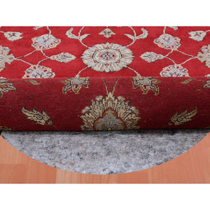 8'x8' Red Dahlia and Chantilly Lace White, Wool and Silk, Hand Knotted, Rajasthan Design, Thick and Plush, All Over Leaf Pattern, Oriental Round Rug FWR452124
