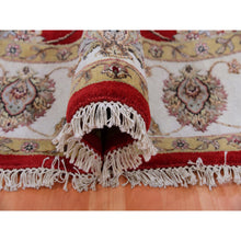 Load image into Gallery viewer, 8&#39;x8&#39; Red Dahlia and Chantilly Lace White, Wool and Silk, Hand Knotted, Rajasthan Design, Thick and Plush, All Over Leaf Pattern, Oriental Round Rug FWR452124