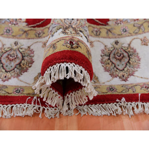 8'x8' Red Dahlia and Chantilly Lace White, Wool and Silk, Hand Knotted, Rajasthan Design, Thick and Plush, All Over Leaf Pattern, Oriental Round Rug FWR452124