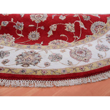 Load image into Gallery viewer, 8&#39;x8&#39; Red Dahlia And Chantilly Lace White, Wool And Silk, Hand Knotted, Rajasthan Design, Thick And Plush, All Over Leaf Pattern, Oriental Round Rug FWR452124