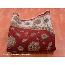 Load image into Gallery viewer, 8&#39;x8&#39; Red Dahlia And Chantilly Lace White, Wool And Silk, Hand Knotted, Rajasthan Design, Thick And Plush, All Over Leaf Pattern, Oriental Round Rug FWR452124