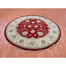 Load image into Gallery viewer, 8&#39;x8&#39; Cranberry Zing Red With Shoji White, Hand Knotted Wool And Silk Thick And Plush Soft Pile, All Over Rajasthan Leaf Design, Round Oriental Rug FWR452130
