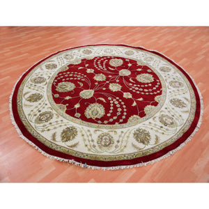 8'x8' Cranberry Zing Red With Shoji White, Hand Knotted Wool and Silk Thick and Plush Soft Pile, All Over Rajasthan Leaf Design, Round Oriental Rug FWR452130