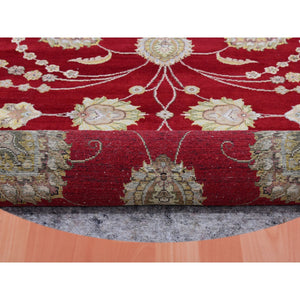 8'x8' Cranberry Zing Red With Shoji White, Hand Knotted Wool and Silk Thick and Plush Soft Pile, All Over Rajasthan Leaf Design, Round Oriental Rug FWR452130