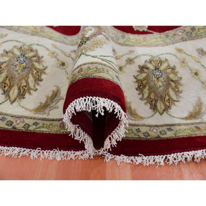 8'x8' Cranberry Zing Red With Shoji White, Hand Knotted Wool and Silk Thick and Plush Soft Pile, All Over Rajasthan Leaf Design, Round Oriental Rug FWR452130