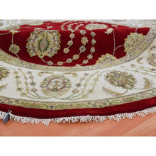 Load image into Gallery viewer, 8&#39;x8&#39; Cranberry Zing Red With Shoji White, Hand Knotted Wool and Silk Thick and Plush Soft Pile, All Over Rajasthan Leaf Design, Round Oriental Rug FWR452130