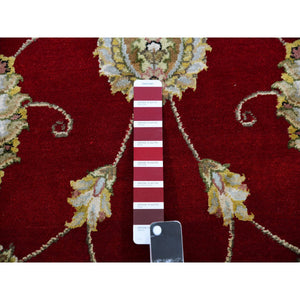 8'x8' Cranberry Zing Red With Shoji White, Hand Knotted Wool and Silk Thick and Plush Soft Pile, All Over Rajasthan Leaf Design, Round Oriental Rug FWR452130