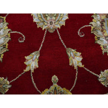 Load image into Gallery viewer, 8&#39;x8&#39; Cranberry Zing Red With Shoji White, Hand Knotted Wool and Silk Thick and Plush Soft Pile, All Over Rajasthan Leaf Design, Round Oriental Rug FWR452130