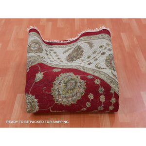 8'x8' Cranberry Zing Red With Shoji White, Hand Knotted Wool and Silk Thick and Plush Soft Pile, All Over Rajasthan Leaf Design, Round Oriental Rug FWR452130