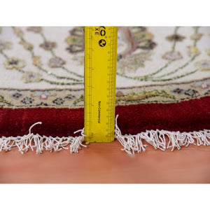 8'x8' Cranberry Zing Red With Shoji White, Hand Knotted Wool and Silk Thick and Plush Soft Pile, All Over Rajasthan Leaf Design, Round Oriental Rug FWR452130