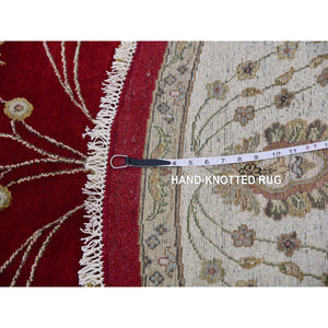 8'x8' Cranberry Zing Red With Shoji White, Hand Knotted Wool and Silk Thick and Plush Soft Pile, All Over Rajasthan Leaf Design, Round Oriental Rug FWR452130