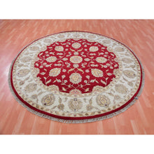 Load image into Gallery viewer, 8&#39;x8&#39; Rhubarb Red With Linen White, Wool and Silk Hand Knotted Thick and Plush, Soft Pile, Rajasthan Design and All Over Leaf Pattern, Round Oriental Rug FWR452136