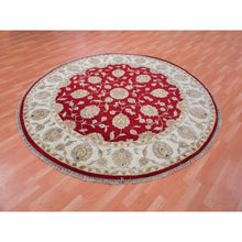 Load image into Gallery viewer, 8&#39;x8&#39; Rhubarb Red With Linen White, Wool and Silk Hand Knotted Thick and Plush, Soft Pile, Rajasthan Design and All Over Leaf Pattern, Round Oriental Rug FWR452136