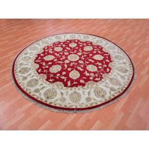 8'x8' Rhubarb Red With Linen White, Wool and Silk Hand Knotted Thick and Plush, Soft Pile, Rajasthan Design and All Over Leaf Pattern, Round Oriental Rug FWR452136