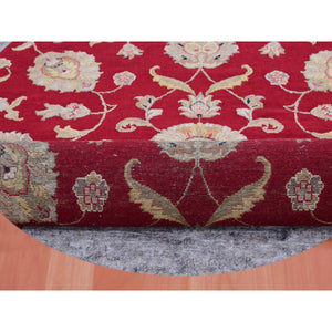 8'x8' Rhubarb Red With Linen White, Wool and Silk Hand Knotted Thick and Plush, Soft Pile, Rajasthan Design and All Over Leaf Pattern, Round Oriental Rug FWR452136