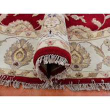 Load image into Gallery viewer, 8&#39;x8&#39; Rhubarb Red With Linen White, Wool and Silk Hand Knotted Thick and Plush, Soft Pile, Rajasthan Design and All Over Leaf Pattern, Round Oriental Rug FWR452136