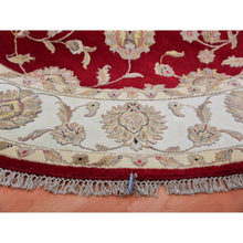 Load image into Gallery viewer, 8&#39;x8&#39; Rhubarb Red With Linen White, Wool And Silk Hand Knotted Thick And Plush, Soft Pile, Rajasthan Design And All Over Leaf Pattern, Round Oriental Rug FWR452136