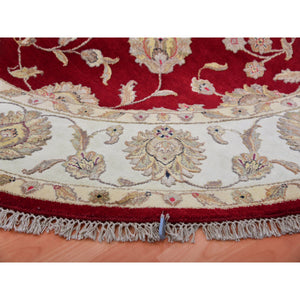 8'x8' Rhubarb Red With Linen White, Wool and Silk Hand Knotted Thick and Plush, Soft Pile, Rajasthan Design and All Over Leaf Pattern, Round Oriental Rug FWR452136