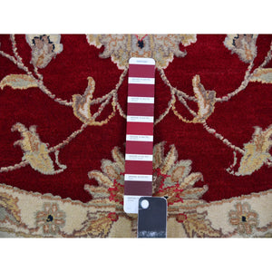 8'x8' Rhubarb Red With Linen White, Wool and Silk Hand Knotted Thick and Plush, Soft Pile, Rajasthan Design and All Over Leaf Pattern, Round Oriental Rug FWR452136