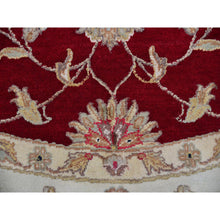 Load image into Gallery viewer, 8&#39;x8&#39; Rhubarb Red With Linen White, Wool and Silk Hand Knotted Thick and Plush, Soft Pile, Rajasthan Design and All Over Leaf Pattern, Round Oriental Rug FWR452136