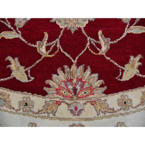 8'x8' Rhubarb Red With Linen White, Wool and Silk Hand Knotted Thick and Plush, Soft Pile, Rajasthan Design and All Over Leaf Pattern, Round Oriental Rug FWR452136