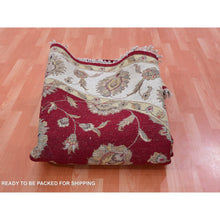Load image into Gallery viewer, 8&#39;x8&#39; Rhubarb Red With Linen White, Wool And Silk Hand Knotted Thick And Plush, Soft Pile, Rajasthan Design And All Over Leaf Pattern, Round Oriental Rug FWR452136