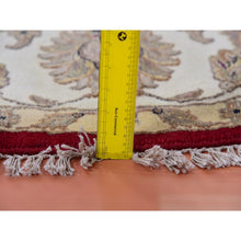Load image into Gallery viewer, 8&#39;x8&#39; Rhubarb Red With Linen White, Wool and Silk Hand Knotted Thick and Plush, Soft Pile, Rajasthan Design and All Over Leaf Pattern, Round Oriental Rug FWR452136