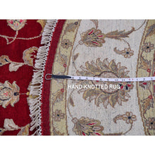 Load image into Gallery viewer, 8&#39;x8&#39; Rhubarb Red With Linen White, Wool and Silk Hand Knotted Thick and Plush, Soft Pile, Rajasthan Design and All Over Leaf Pattern, Round Oriental Rug FWR452136