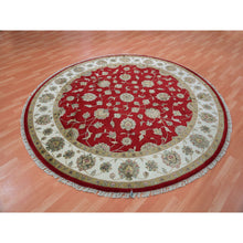 Load image into Gallery viewer, 8&#39;x8&#39; Hot Ember Red, Hand Knotted, Rajasthan Design With Ivory Border, Thick And Plush, All Over Pattern, Wool And Silk, Round Oriental Rug FWR452154