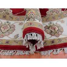 Load image into Gallery viewer, 8&#39;x8&#39; Hot Ember Red, Hand Knotted, Rajasthan Design With Ivory Border, Thick And Plush, All Over Pattern, Wool And Silk, Round Oriental Rug FWR452154