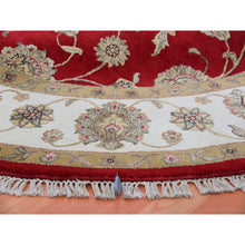 Load image into Gallery viewer, 8&#39;x8&#39; Hot Ember Red, Hand Knotted, Rajasthan Design With Ivory Border, Thick And Plush, All Over Pattern, Wool And Silk, Round Oriental Rug FWR452154