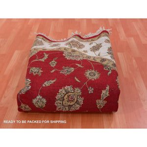 8'x8' Hot Ember Red, Hand Knotted, Rajasthan Design With Ivory Border, Thick and Plush, All Over Pattern, Wool and Silk, Round Oriental Rug FWR452154