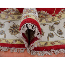 Load image into Gallery viewer, 6&#39;x6&#39; Caliente Red With Cloud White, Rajasthan Design All Over Pattern, Hand Knotted Thick And Plush, Wool And Silk, Round Oriental Rug FWR452172