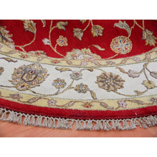 Load image into Gallery viewer, 6&#39;x6&#39; Caliente Red With Cloud White, Rajasthan Design All Over Pattern, Hand Knotted Thick And Plush, Wool And Silk, Round Oriental Rug FWR452172
