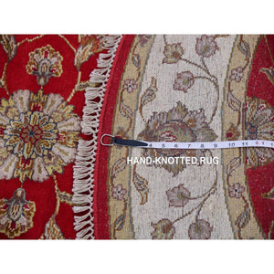 6'x6' Caliente Red With Cloud White, Rajasthan Design All Over Pattern, Hand Knotted Thick And Plush, Wool And Silk, Round Oriental Rug FWR452172